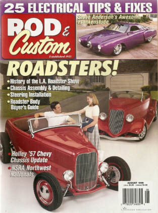 ROD & CUSTOM 1999 AUG - FLAMING RIVER STEERING 4 HI-BOY, 57 CHEVY FRAME MODS